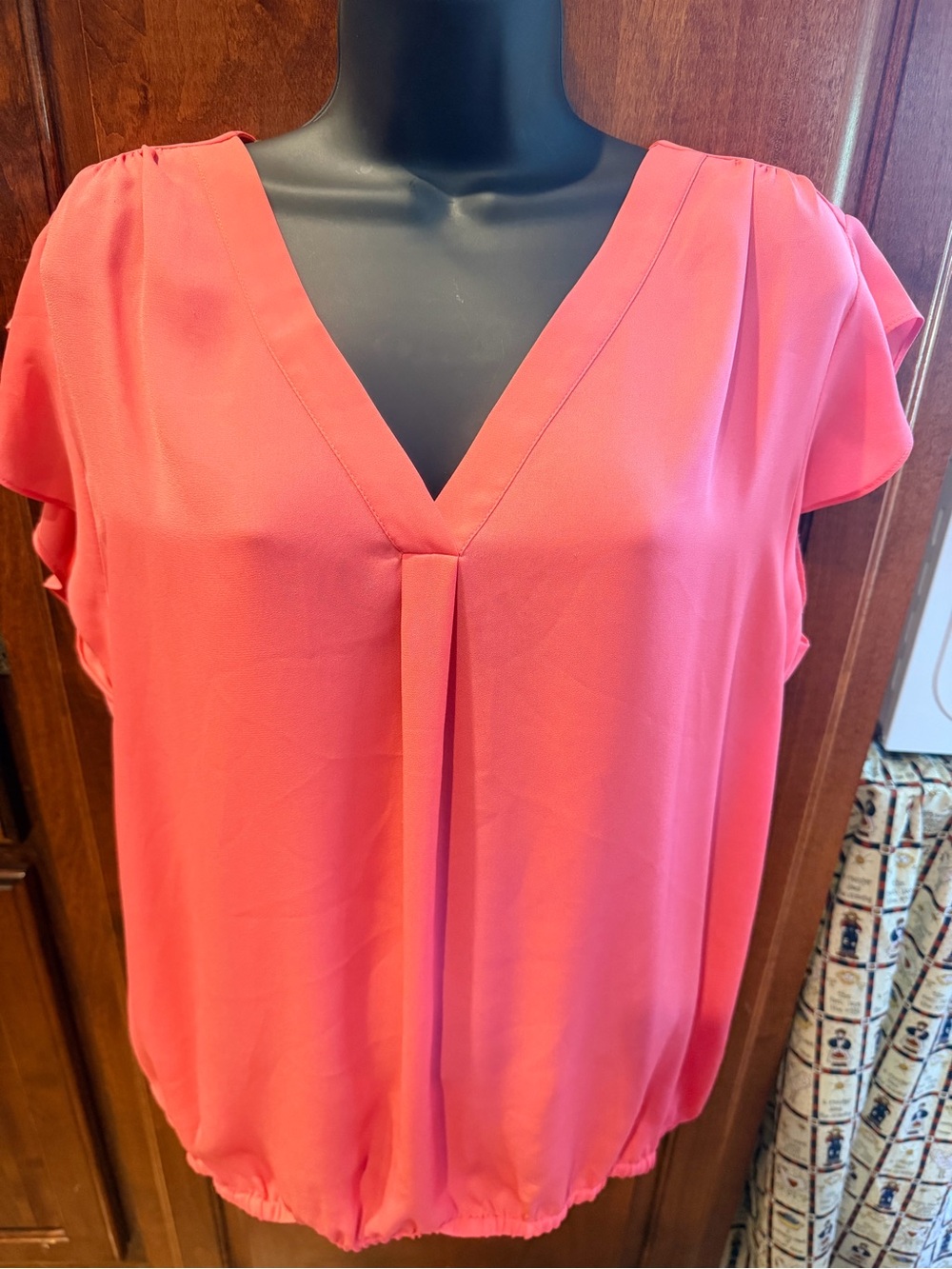 Chaus Coral V-Neck Pleated Flutter Sleeve Blouse